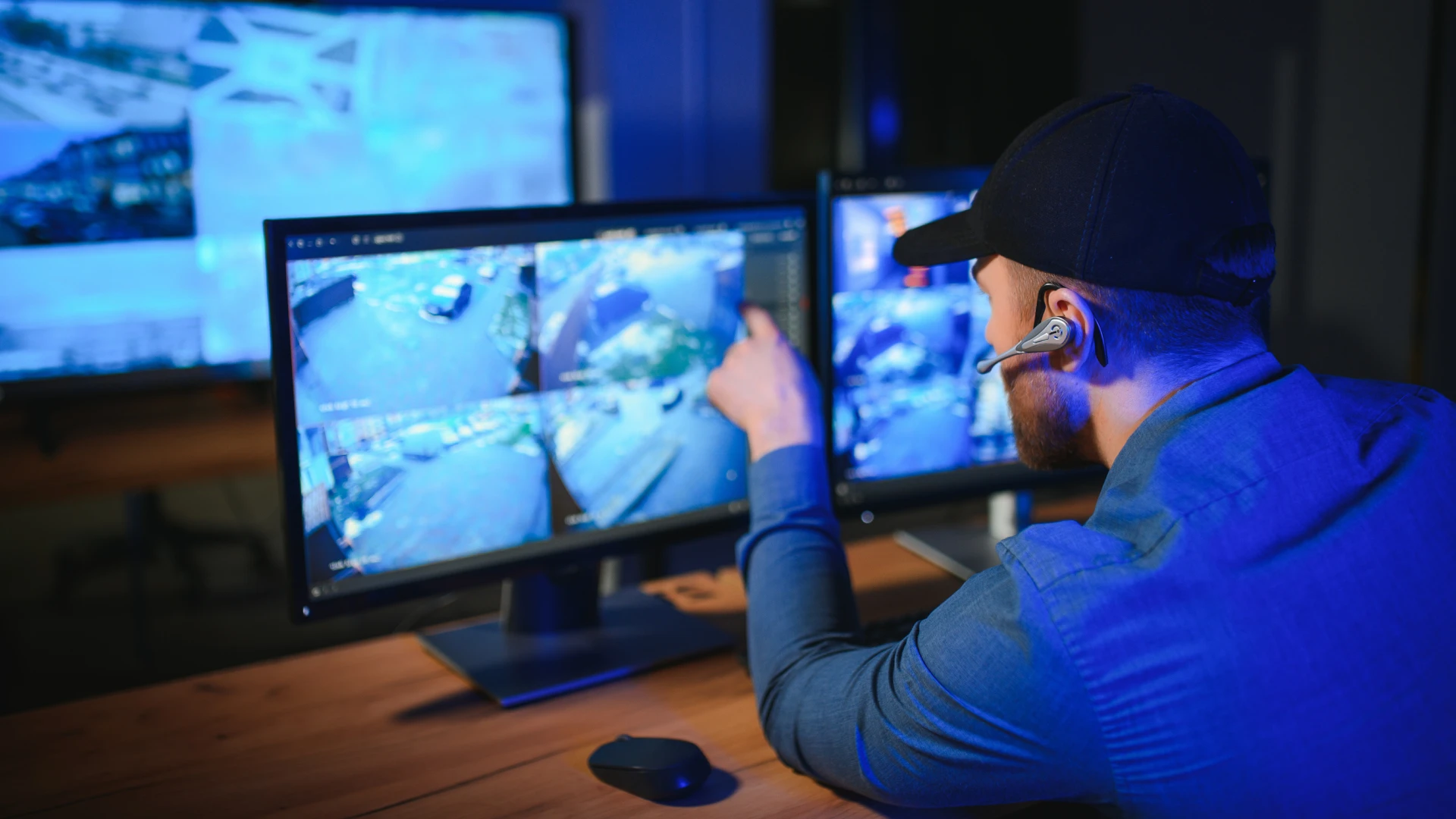 A security guard monitoring multiple surveillance screens in a control room.