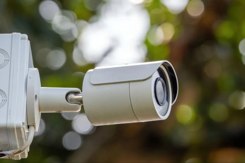 Security camera monitoring for school safety – American Security Force Close-up of a school security surveillance camera, representing proactive safety monitoring as part of school security guard services – American Security Force.