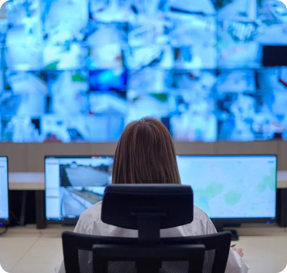 Control room with a security professional monitoring multiple screens displaying live surveillance footage, illustrating intrusion monitoring systems in action.
