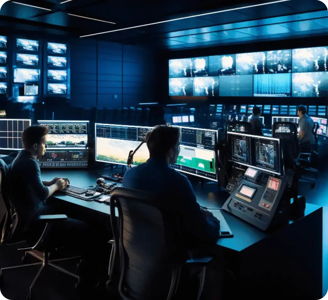 Team of security professionals managing real-time surveillance in a state-of-the-art security response center.