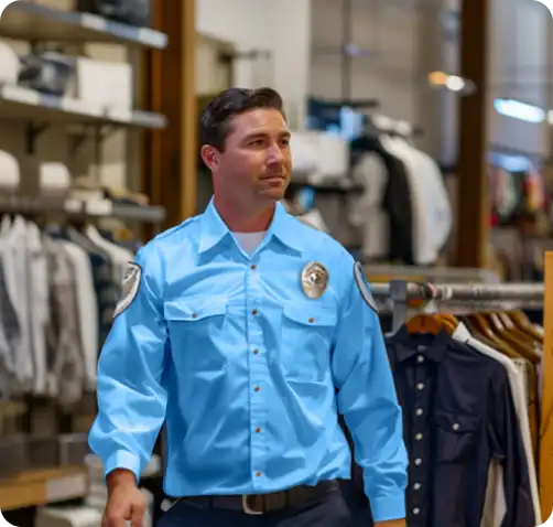Retail security guard providing professional retail security services inside a clothing store.