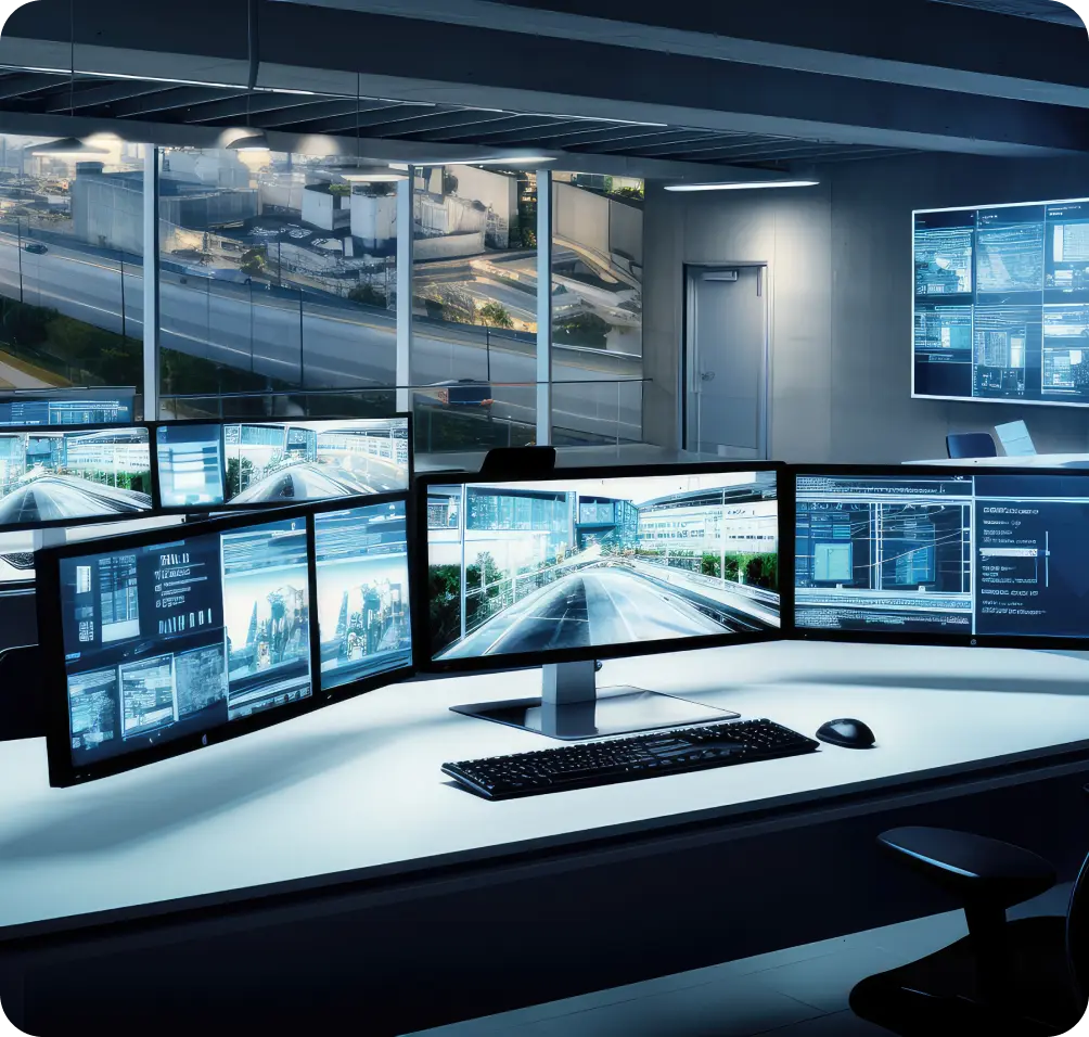 High-tech security response center with multiple monitors displaying live surveillance feeds and advanced monitoring systems."