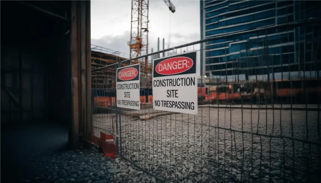 No Trespassing Warning Signs at Construction Site Construction site fenced off with warning signs for no trespassing.