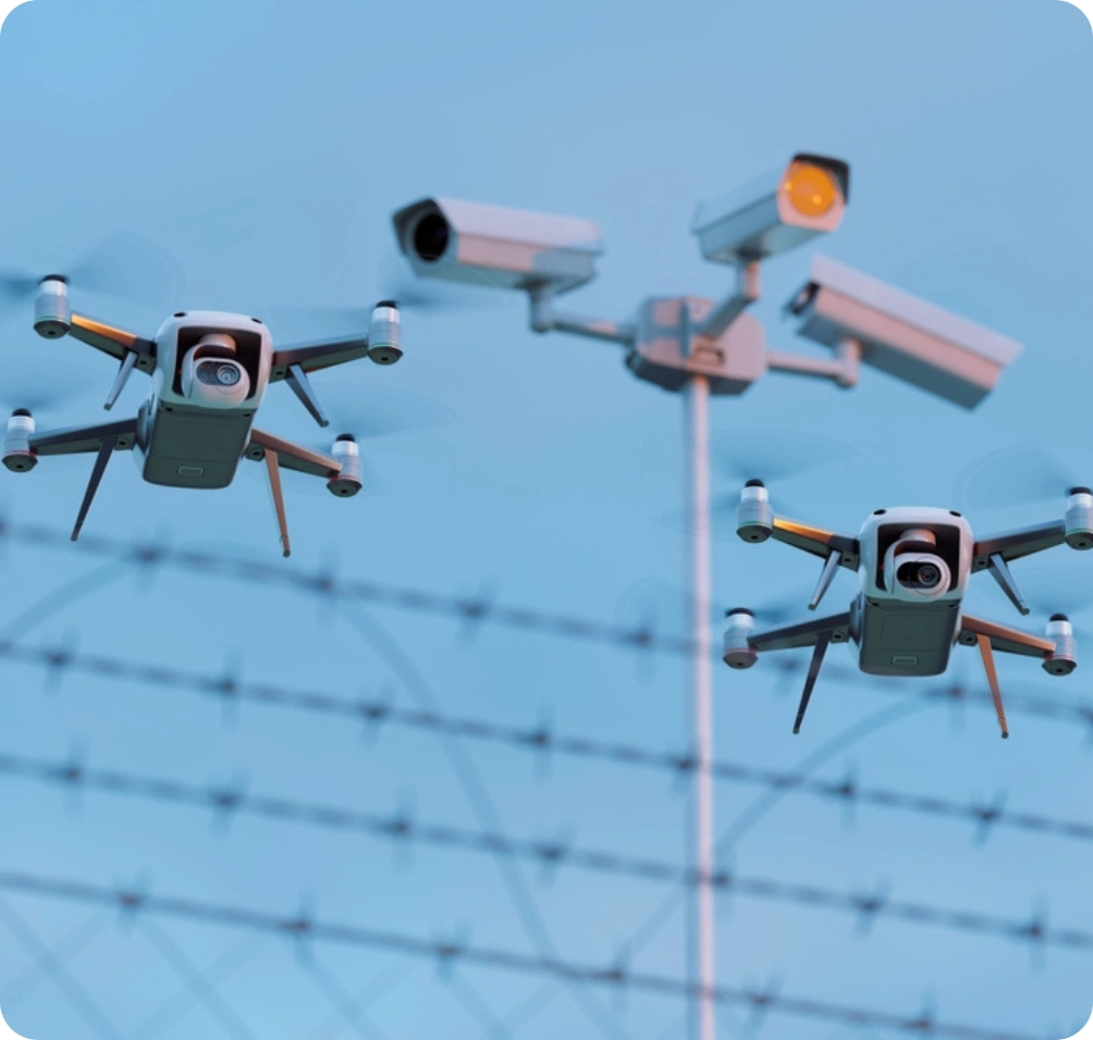Patrolling drones integrated with surveillance cameras for perimeter monitoring<br />
