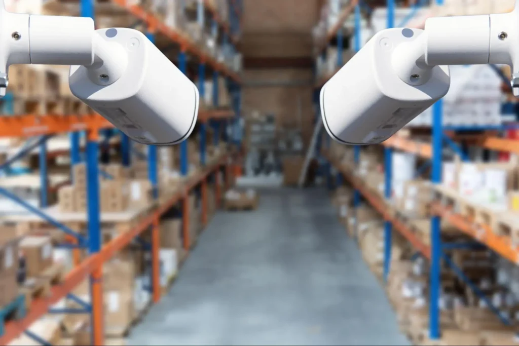 Warehouse Security Camera Surveillance Services | American Security Force (ASF) Warehouse security cameras monitoring inventory and storage aisles as part of professional warehouse security services by American Security Force.