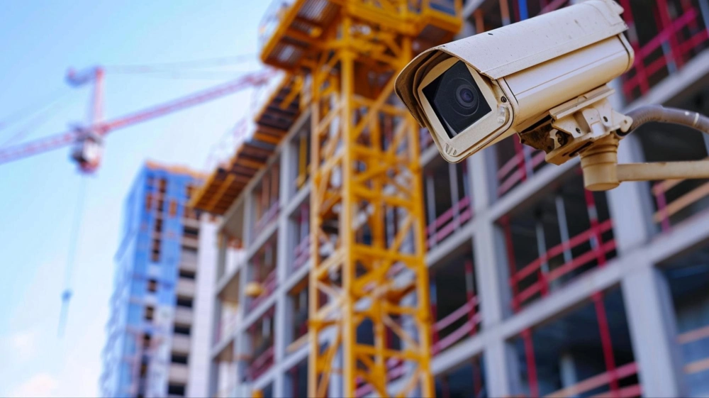 24/7 Construction Site Surveillance by American Security Force Surveillance camera monitoring an active construction site with cranes and scaffolding, highlighting the importance of construction site security by American Security Force.