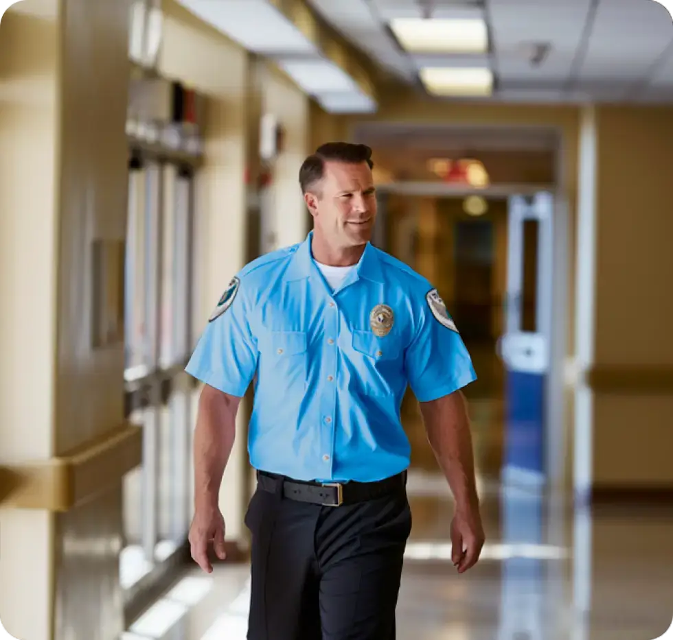 A uniformed security guard patrolling a hospital hallway to ensure safety and security
