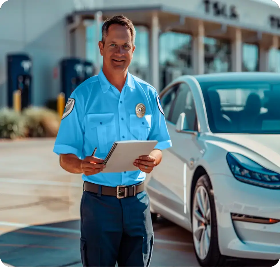 A uniformed security guard conducting a parking lot inspection, taking notes near a white car