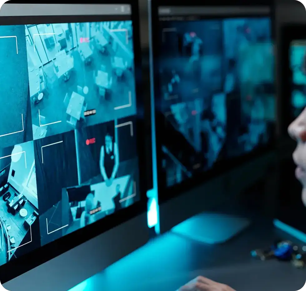 A security officer monitoring multiple surveillance camera feeds on dual computer screens for safety and security