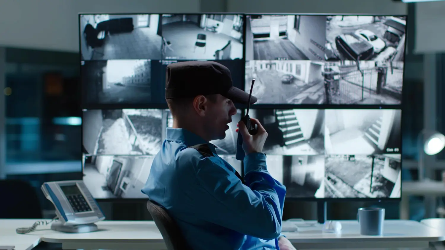 Security guard monitoring multiple CCTV screens while speaking into a walkie-talkie, showcasing the collaboration between surveillance technology and security guards for events by American Security Force.