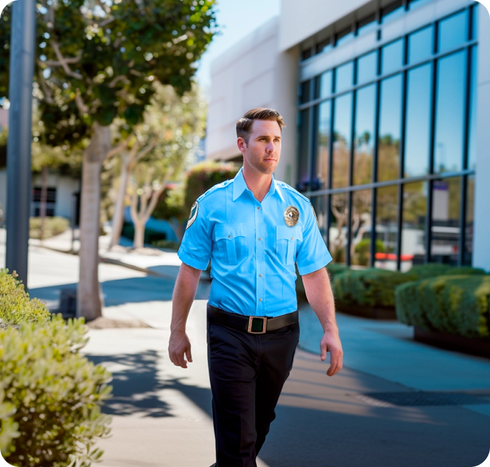 Security guard on foot patrol outside a modern office building during daytime, demonstrating real-world application of online security training by Guard Training.