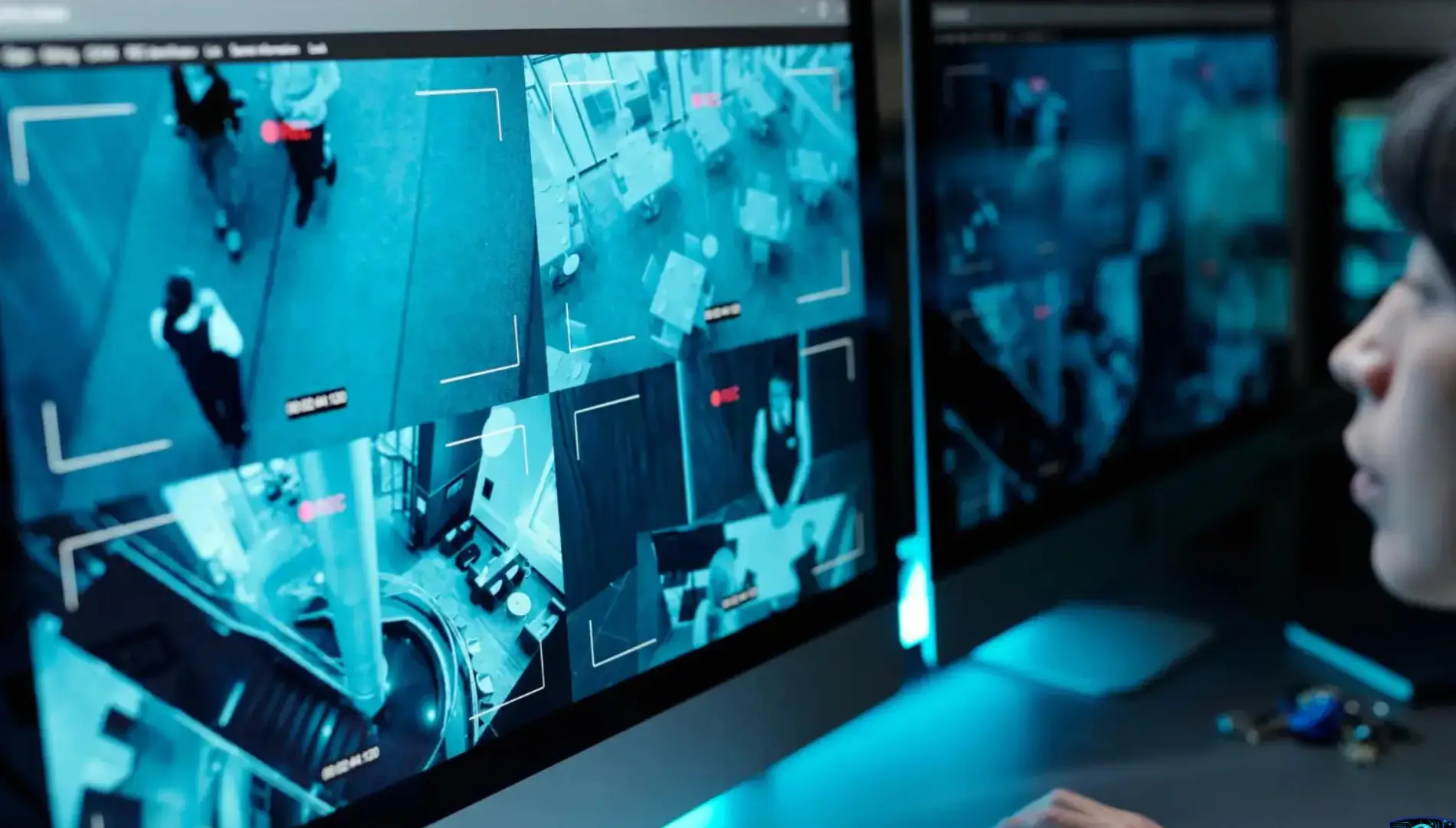 A female security guard is watching livestream CCTV cameras on screens at a dedicated ASF monitoring and response center.