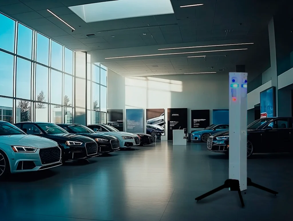 Car Dealership Security Solutions by American Security Force Advanced indoor security camera system from American Security Force protecting a luxury car dealership showroom.