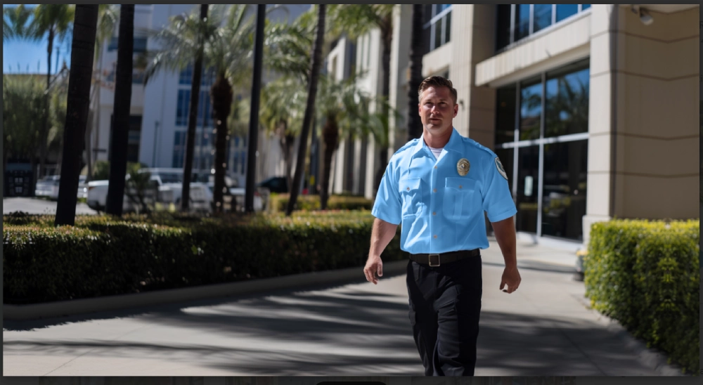 Commercial Building Security Patrol by American Security Force American Security Force officer conducting a daytime security patrol outside a modern commercial office building.