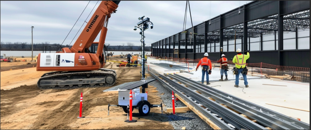 Construction Site Security Surveillance by American Security Force Mobile surveillance camera unit from American Security Force monitoring an active construction site with workers and heavy machinery present.