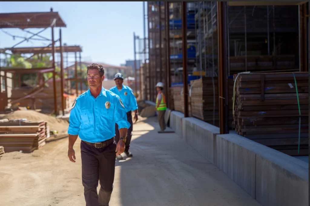 Construction Site Security Guards from American Security Force American Security Force guards patrolling an active construction site, ensuring safety and theft prevention during daytime operations.