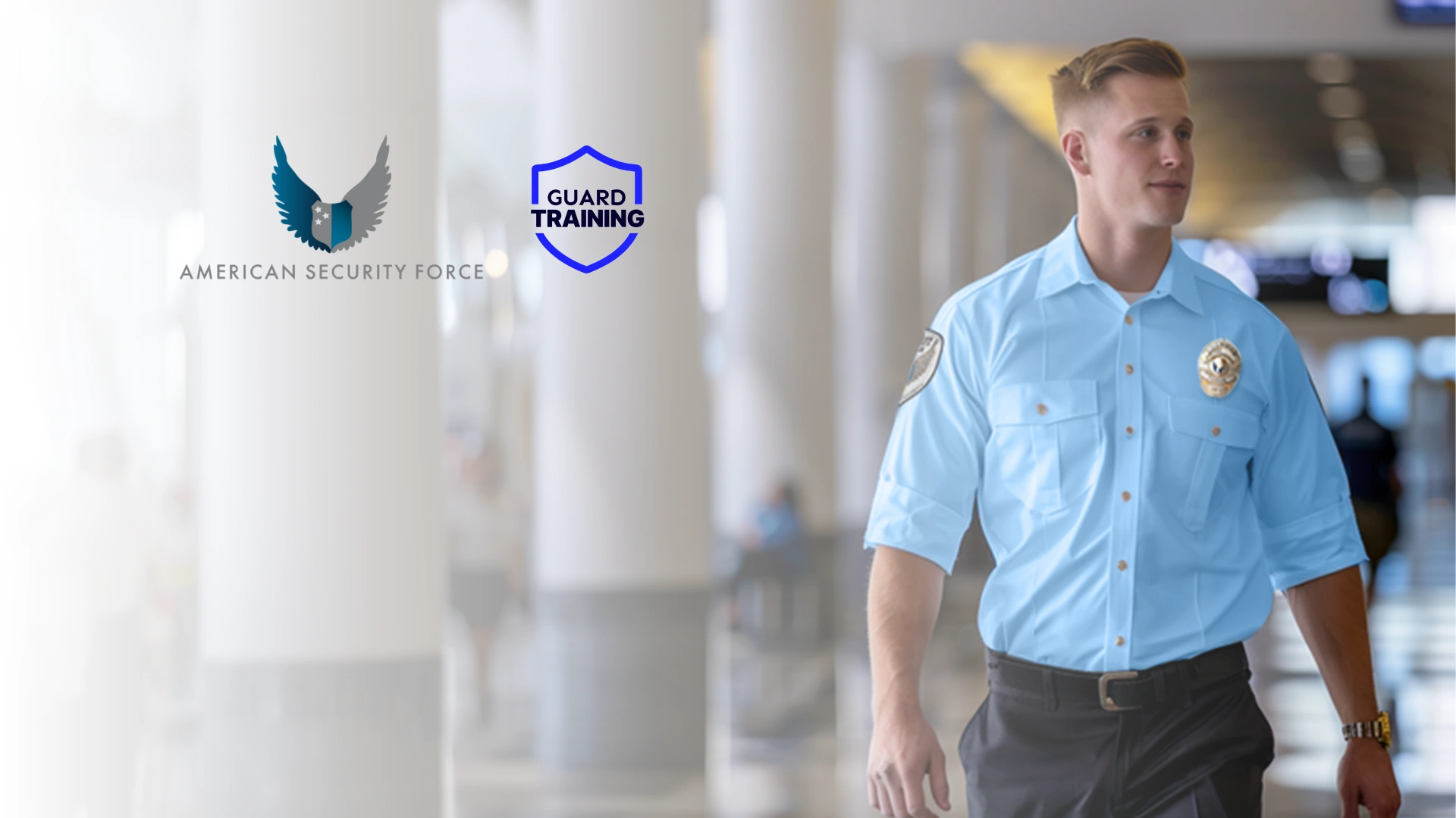 Security guard walking confidently in a professional setting with text promoting American Security Force's online guard training platform.