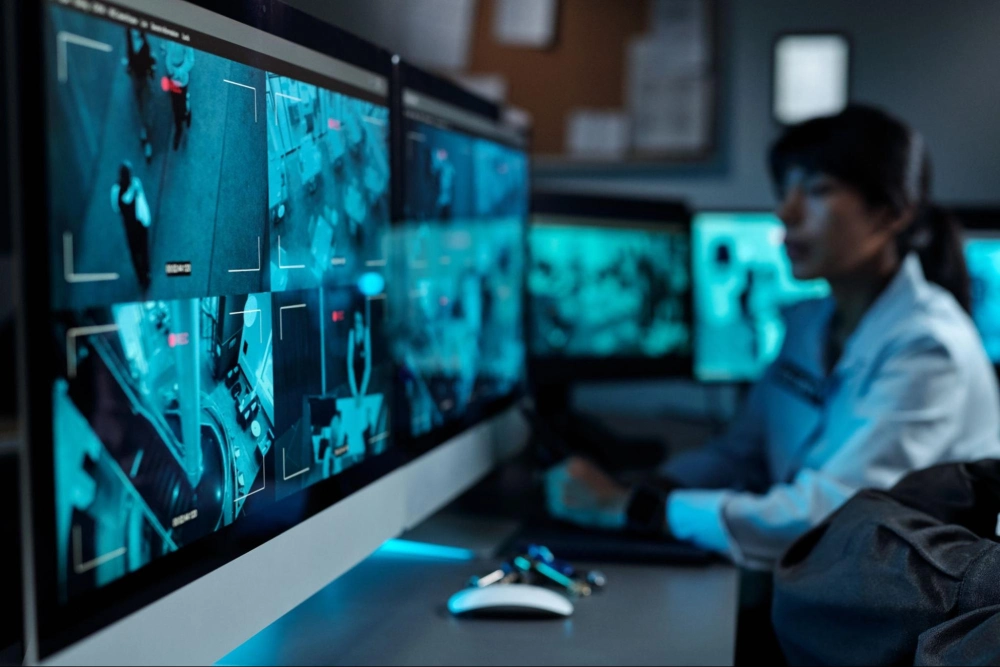 Remote Video Surveillance Monitoring by American Security Force American Security Force operator monitoring multiple live security camera feeds through a centralized remote surveillance system.