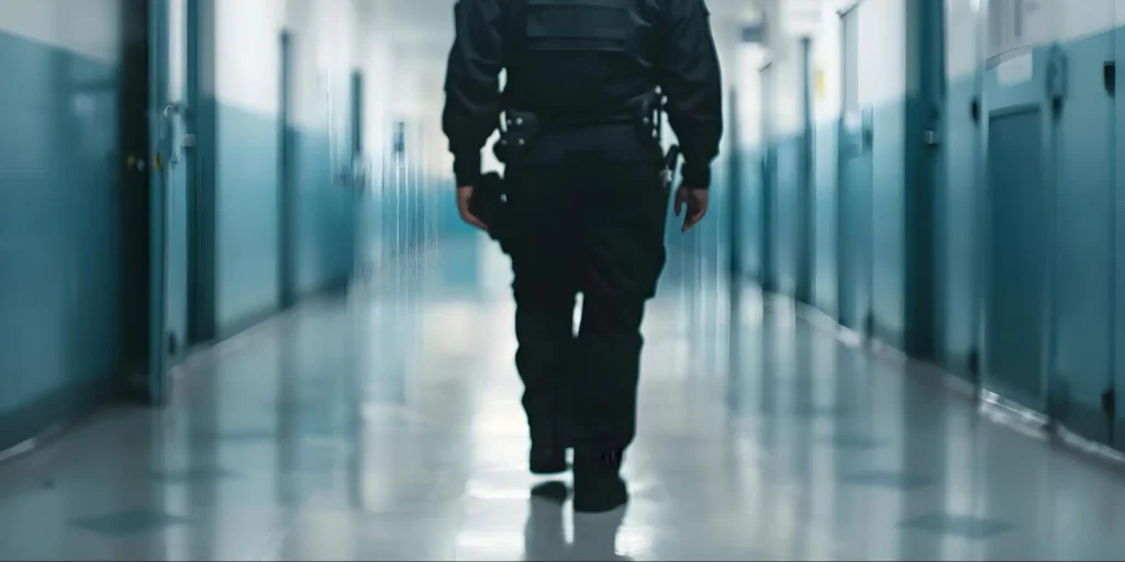 American Security Force security guard conducting an indoor patrol inside a secured facility corridor