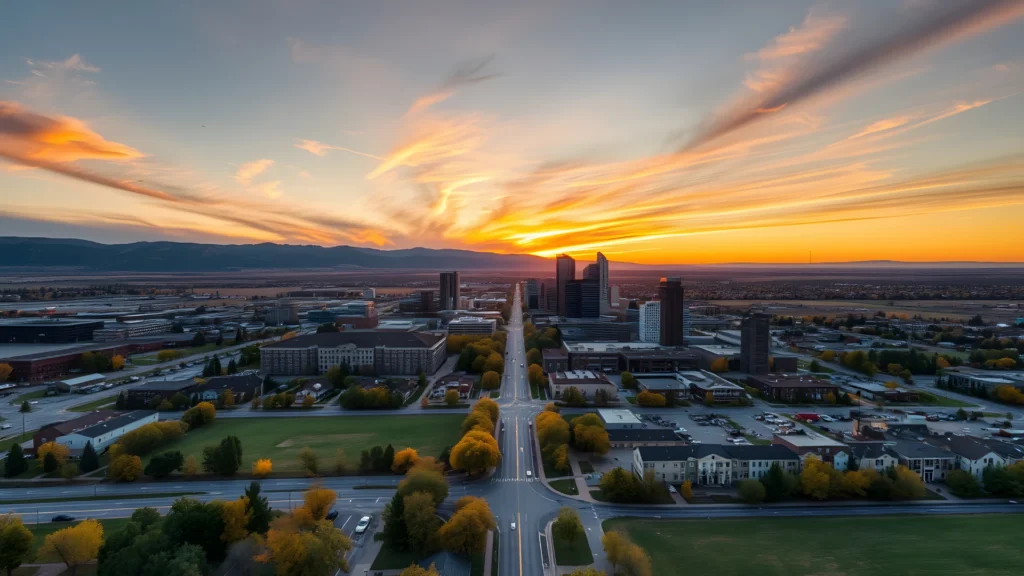 An aerial drone shot from the sun setting over Fort Collins, CO