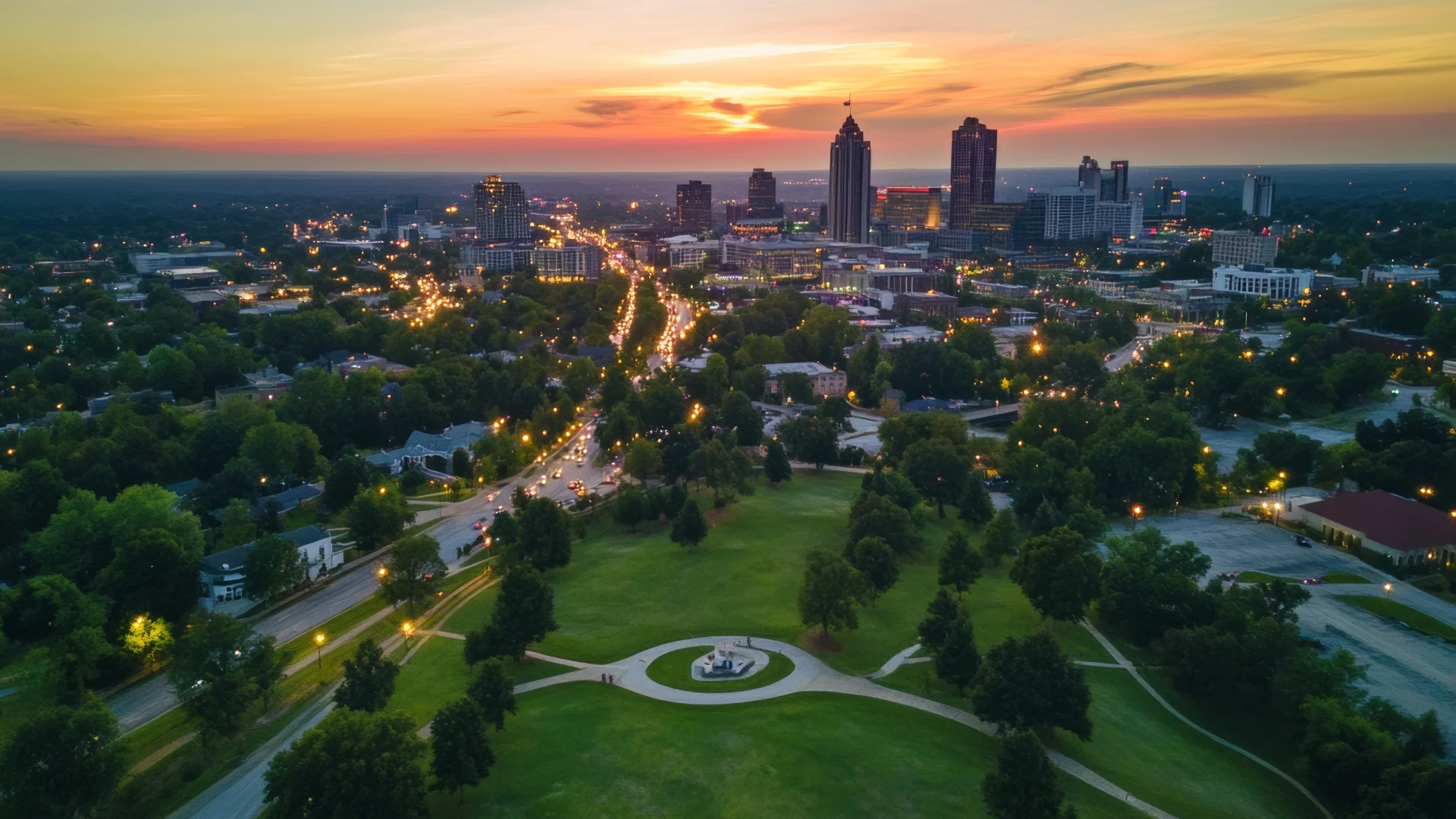 Aerial view of Raleigh, North Carolina skyline at sunset representing one of the safest cities in the US.