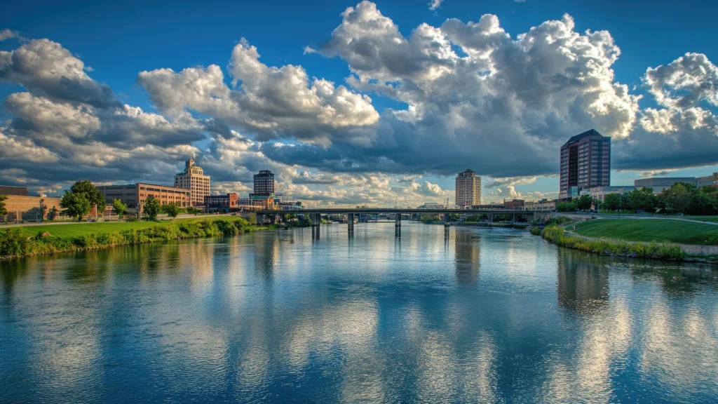Downtown Dayton, Ohio skyline along the river.