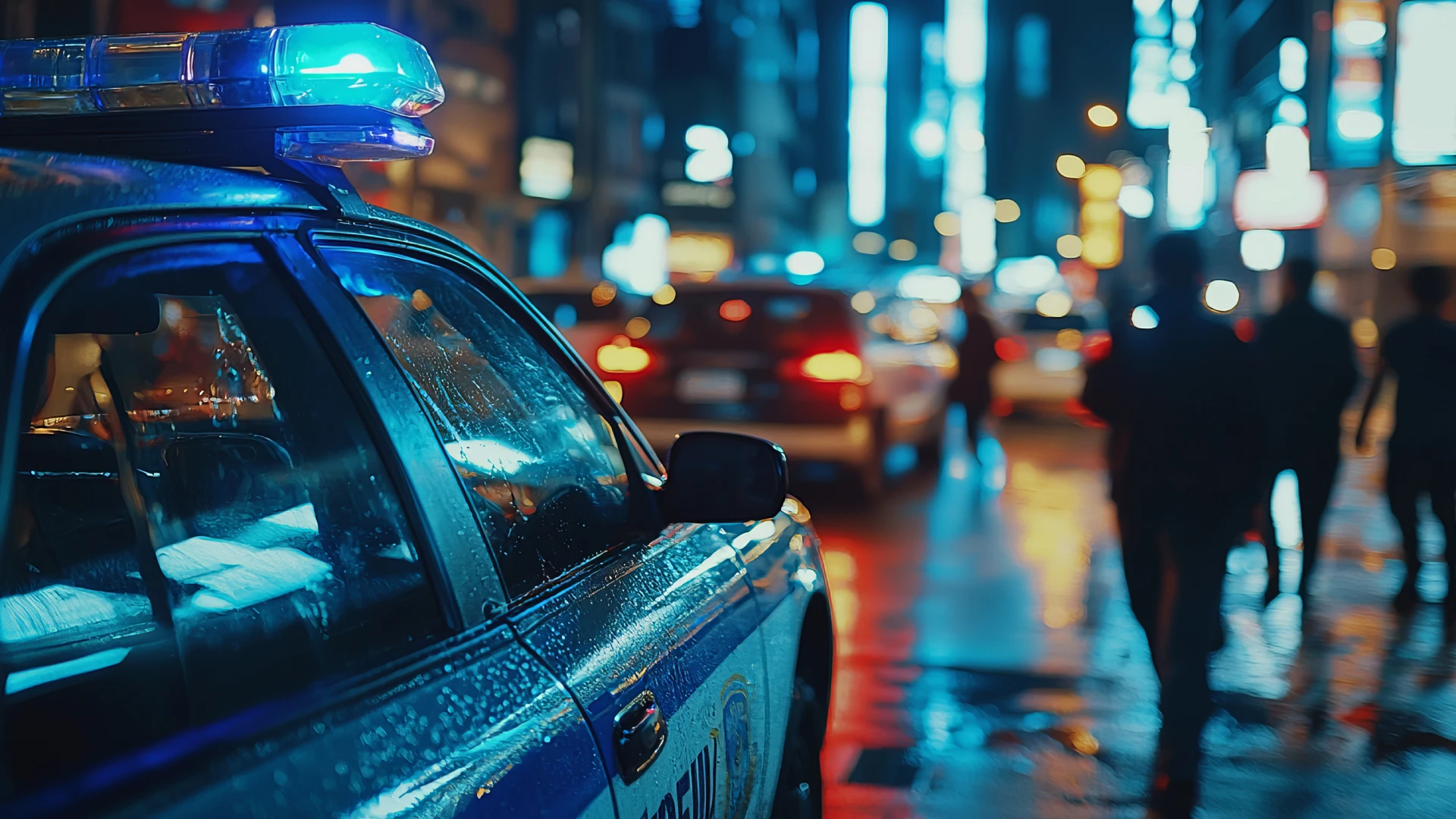Police car in a city at night representing the most dangerous city in the US.