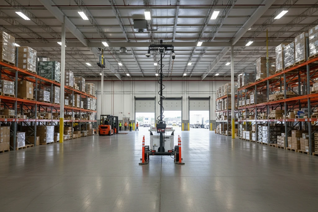 A mobile surveillance trailer positioned inside a warehouse.