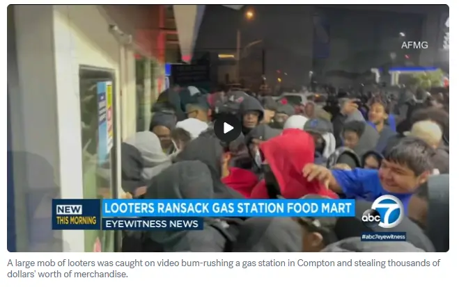 News image showing a crowd looting a Compton gas station food mart, highlighting the need for professional security services