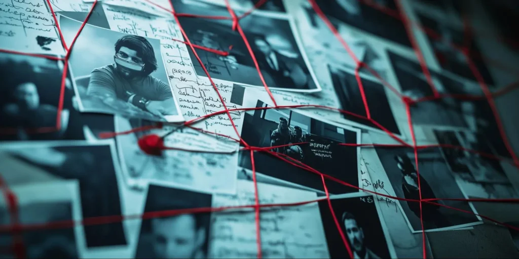 Criminal Investigation Evidence Board for Security Case Analysis Criminal investigation evidence board with suspect photos, notes, and red string connections used for security case analysis.