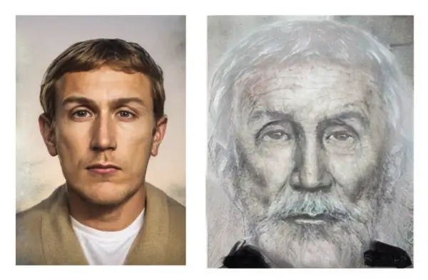 Forensic Suspect Sketch and Age Progression Investigation Side-by-side forensic suspect portrait and age progression sketch used in a criminal investigation.