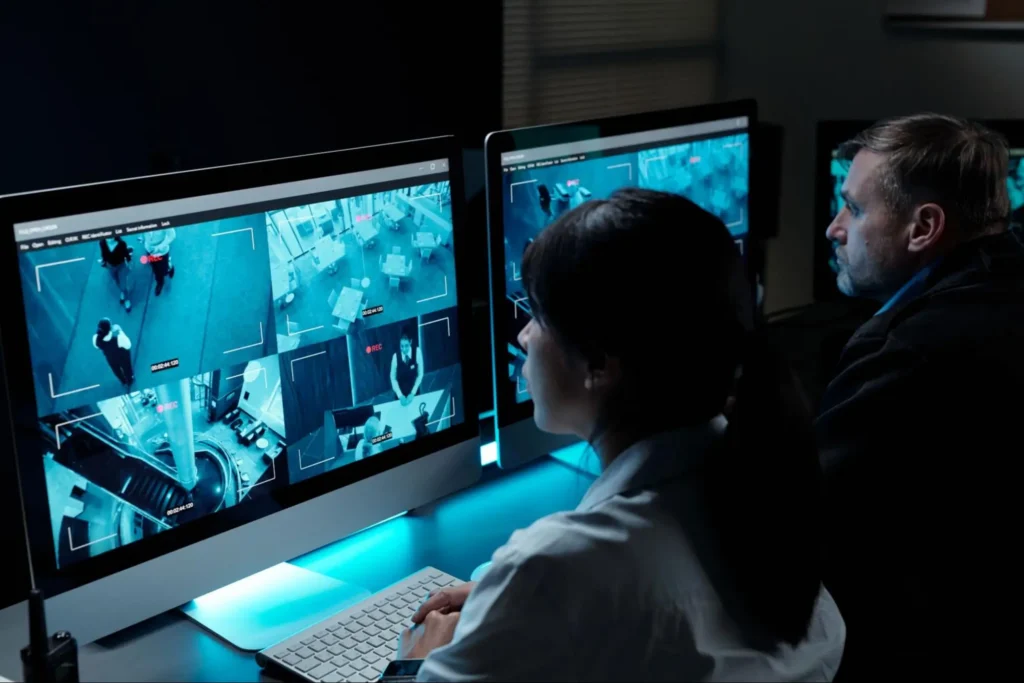 Security Camera Monitoring and Surveillance Control Room Security professionals monitoring surveillance camera feeds in a control room for real-time threat detection and property protection.