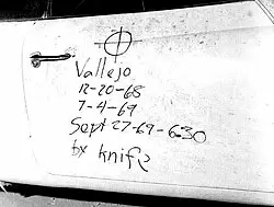Zodiac Killer Car Door Message Evidence Black-and-white photo of a handwritten car door message used as evidence in the Zodiac Killer criminal investigation.