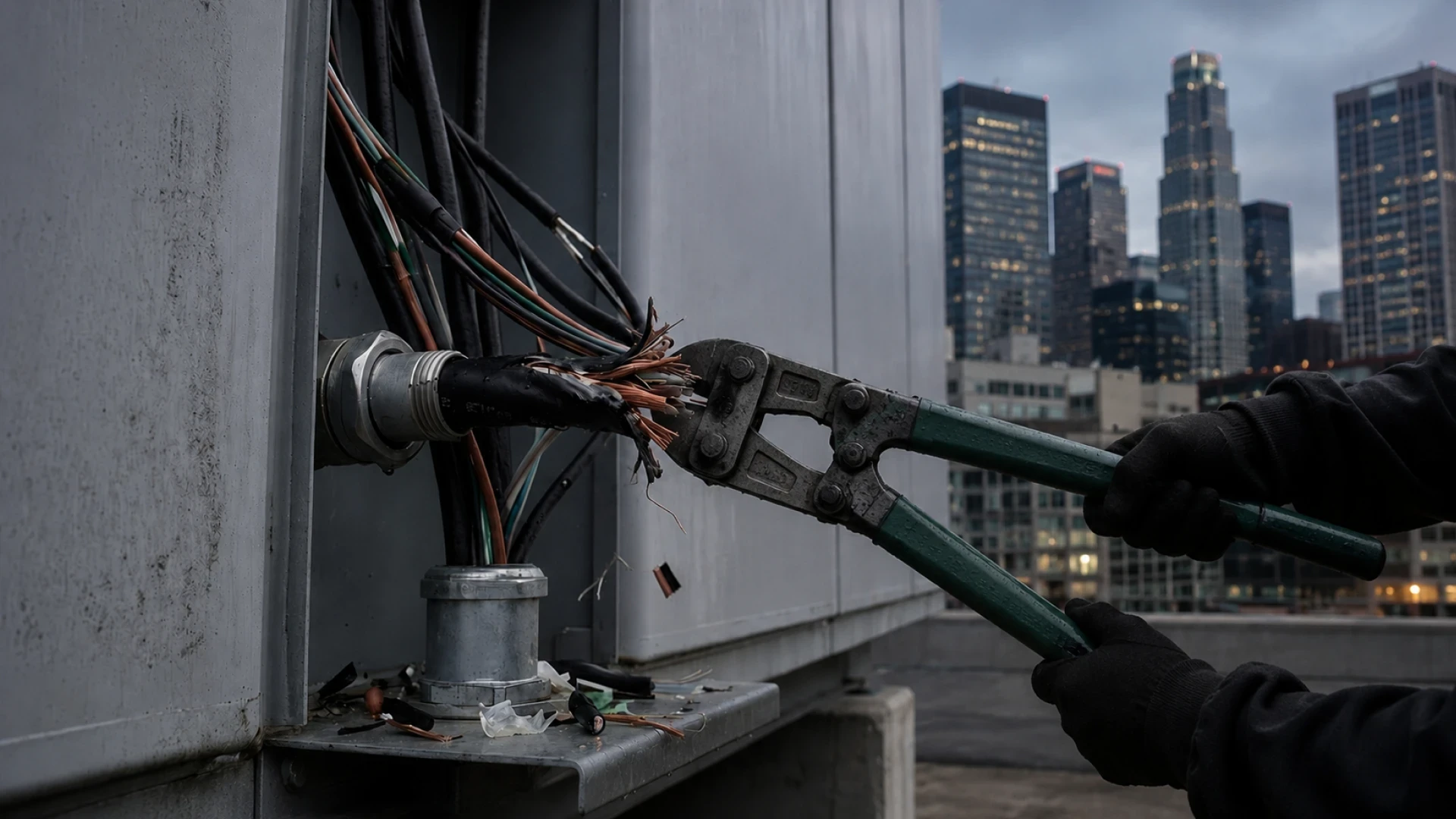 Gloved thief cutting electrical wiring with bolt cutters, illustrating copper theft in LA.